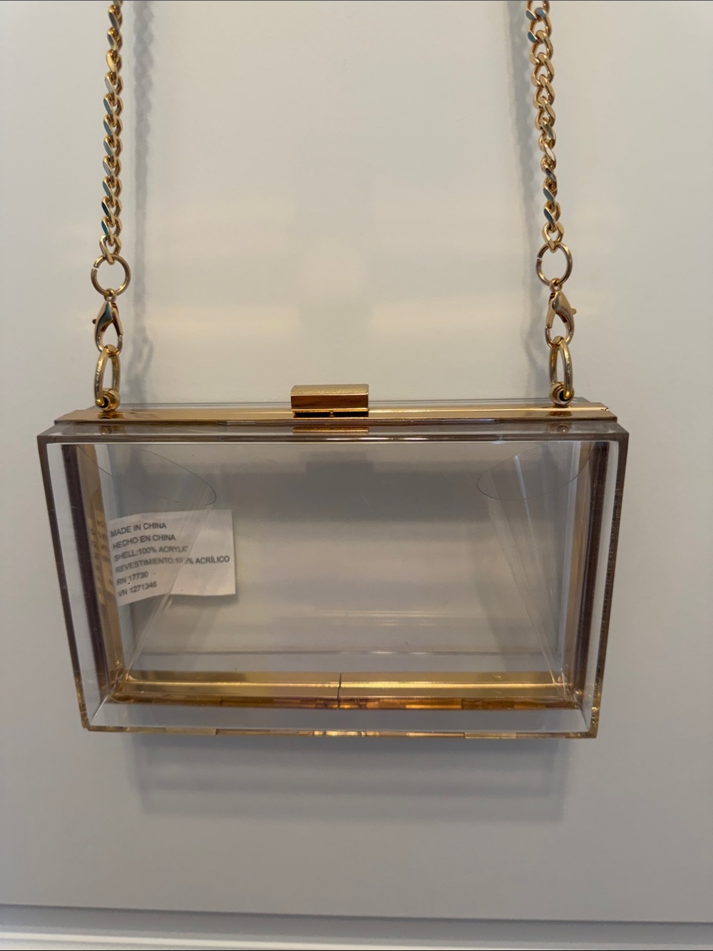 Clear Acrylic Box Clutch Crossbody with Gold Hardware